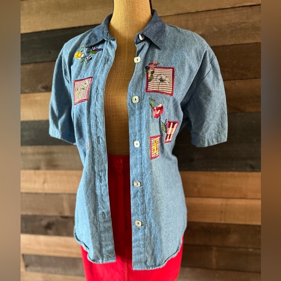 90s Vintage Teddi Blue Cotton Short Sleeves Patchwork Collared Button Up Shirt - Picture 2 of 11